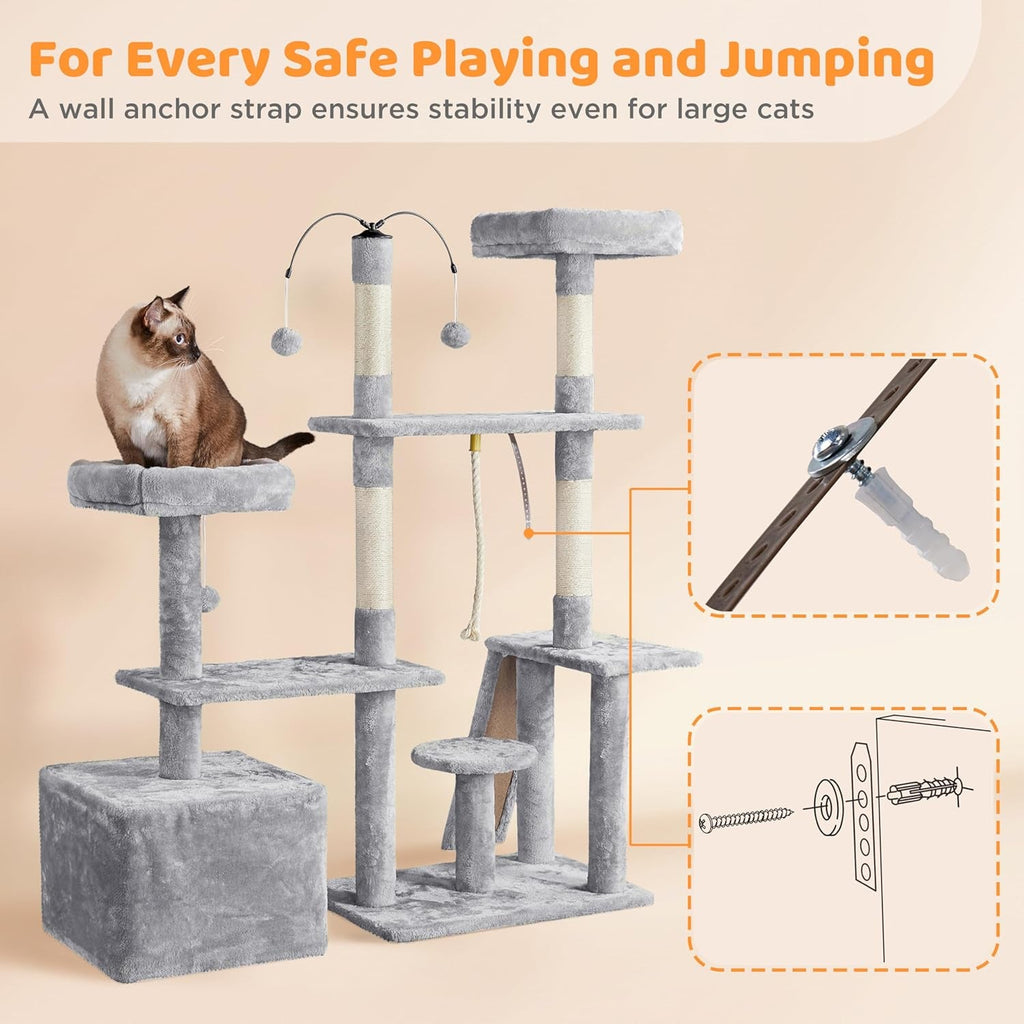 Ultimate 53.5-Inch Rotatable Cat Tree: Multi-Level Playground  With Cozy Condo and Scratching Posts in Light Gray