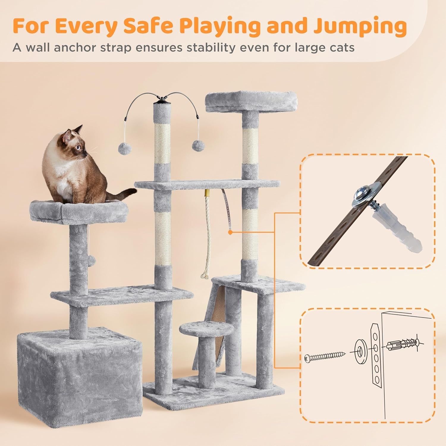 Ultimate 53.5-Inch Rotatable Cat Tree: Multi-Level Playground  With Cozy Condo and Scratching Posts in Light Gray