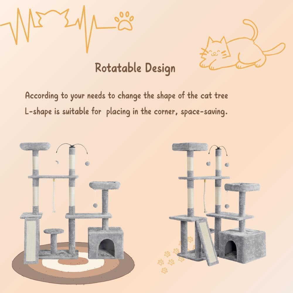 Ultimate 53.5-Inch Rotatable Cat Tree: Multi-Level Playground  With Cozy Condo and Scratching Posts in Light Gray
