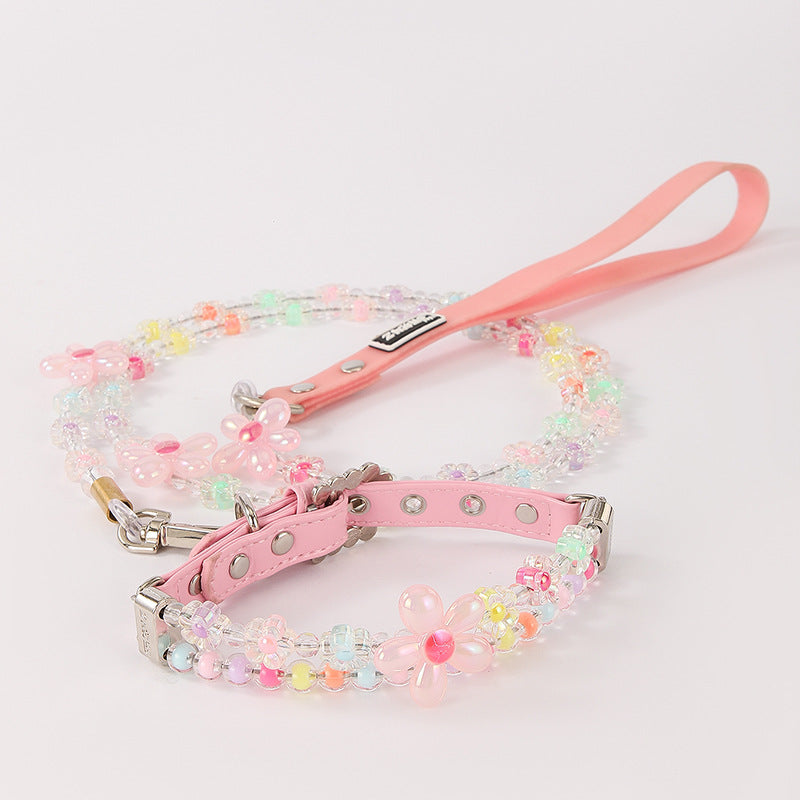 Pastel Beaded Flower Dog Collar and Leash Set