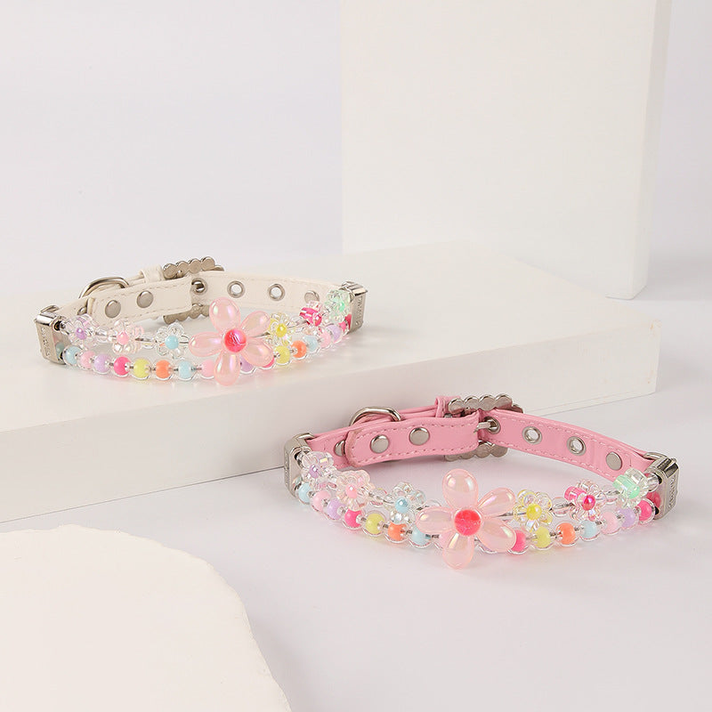 Pastel Beaded Flower Dog Collar and Leash Set