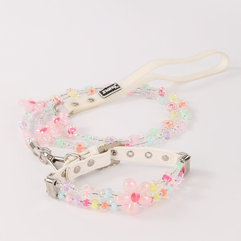 Pastel Beaded Flower Dog Collar and Leash Set