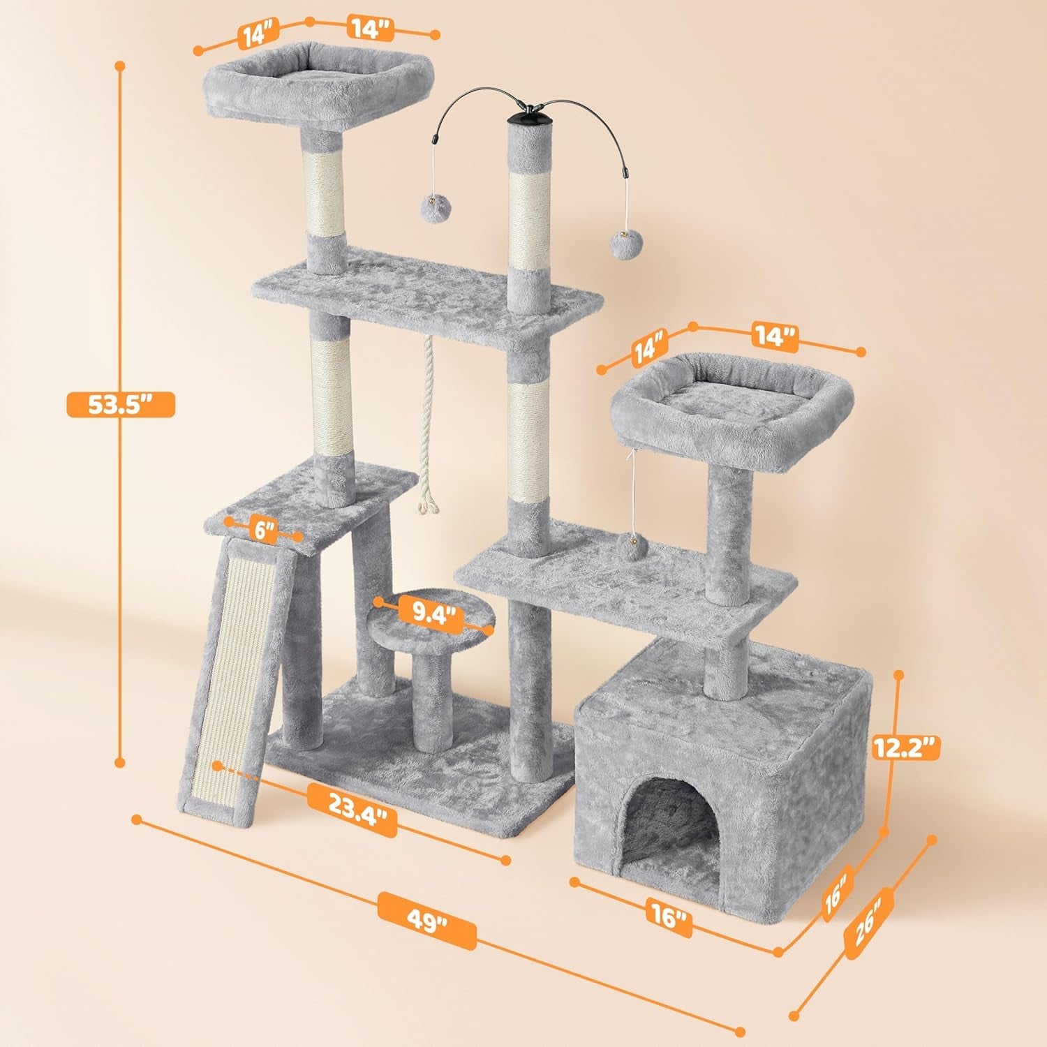 Ultimate 53.5-Inch Rotatable Cat Tree: Multi-Level Playground  With Cozy Condo and Scratching Posts in Light Gray