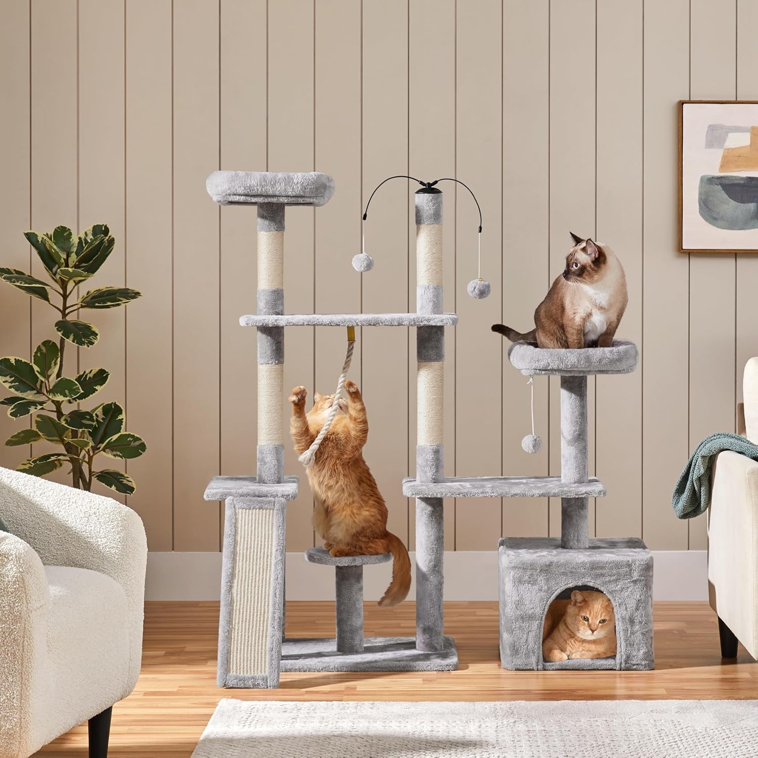 Ultimate 53.5-Inch Rotatable Cat Tree: Multi-Level Playground  With Cozy Condo and Scratching Posts in Light Gray